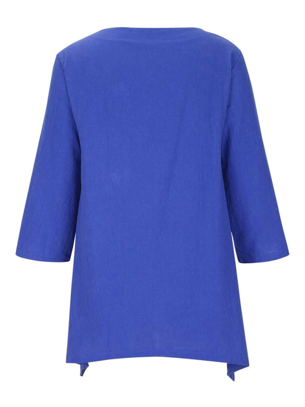 Round Neck Asymmetric Hem Solid Short Sleeve Shirt kakaclo