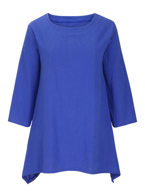 Round Neck Asymmetric Hem Solid Short Sleeve Shirt kakaclo