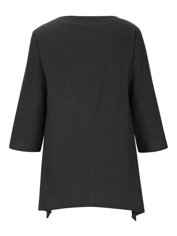 Round Neck Asymmetric Hem Solid Short Sleeve Shirt kakaclo