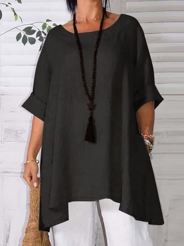Round Neck Asymmetric Hem Solid Short Sleeve Shirt kakaclo