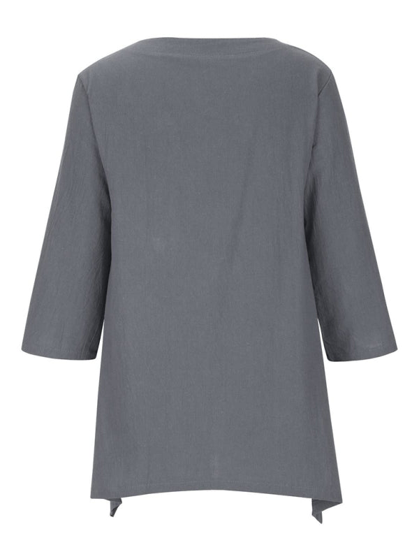 Round Neck Asymmetric Hem Solid Short Sleeve Shirt kakaclo