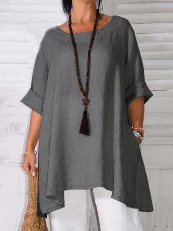 Round Neck Asymmetric Hem Solid Short Sleeve Shirt kakaclo