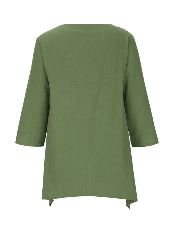 Round Neck Asymmetric Hem Solid Short Sleeve Shirt kakaclo
