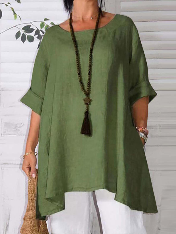 Round Neck Asymmetric Hem Solid Short Sleeve Shirt kakaclo