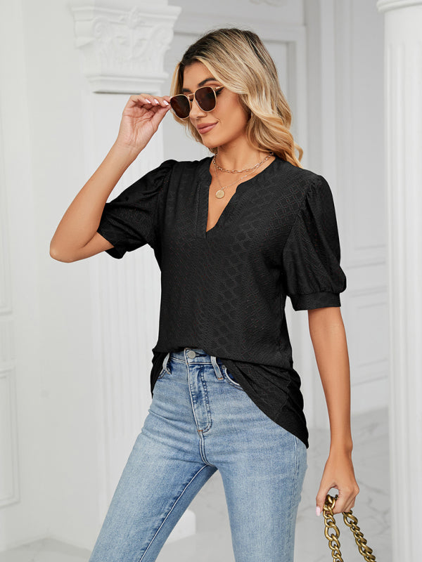 Blue Zone Planet | knitted V-neck solid color hollow puff sleeve loose T-shirt BLUE ZONE PLANET