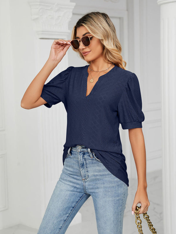Blue Zone Planet | knitted V-neck solid color hollow puff sleeve loose T-shirt BLUE ZONE PLANET