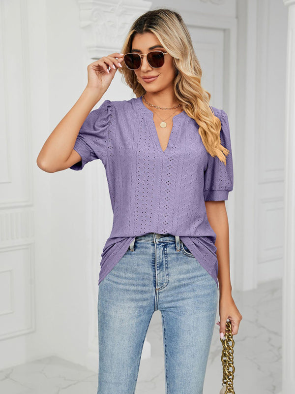 Blue Zone Planet | knitted V-neck solid color hollow puff sleeve loose T-shirt BLUE ZONE PLANET