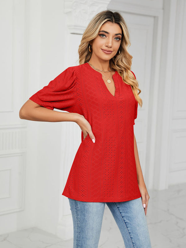 Blue Zone Planet | knitted V-neck solid color hollow puff sleeve loose T-shirt BLUE ZONE PLANET