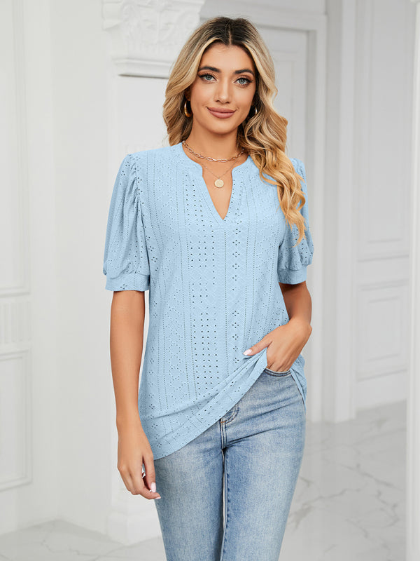 Blue Zone Planet | knitted V-neck solid color hollow puff sleeve loose T-shirt BLUE ZONE PLANET