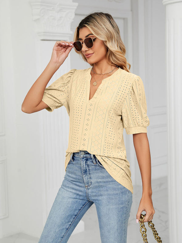 Blue Zone Planet | knitted V-neck solid color hollow puff sleeve loose T-shirt BLUE ZONE PLANET