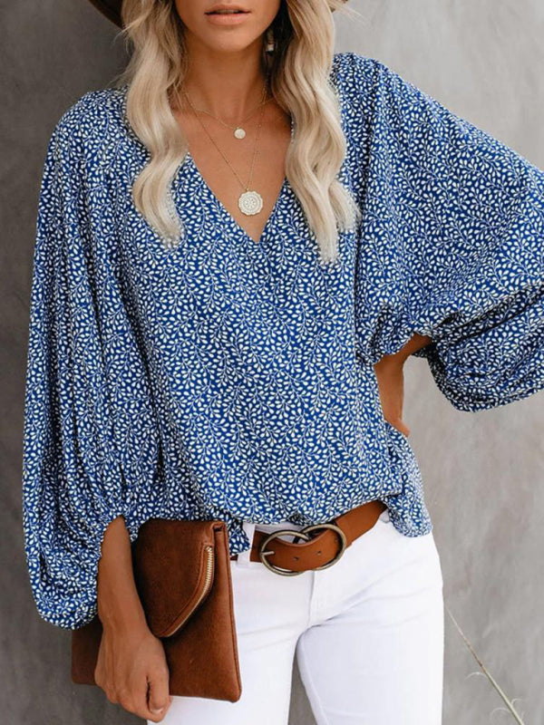 Blue Zone Planet | V-neck shirt printed lantern sleeve top clothing BLUE ZONE PLANET
