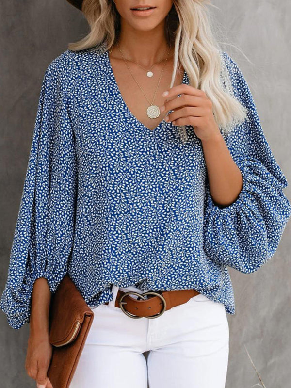 Blue Zone Planet | V-neck shirt printed lantern sleeve top clothing BLUE ZONE PLANET