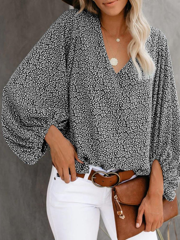 Blue Zone Planet | V-neck shirt printed lantern sleeve top clothing BLUE ZONE PLANET