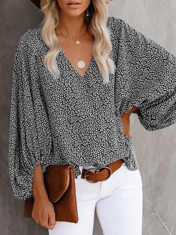 Blue Zone Planet | V-neck shirt printed lantern sleeve top clothing BLUE ZONE PLANET