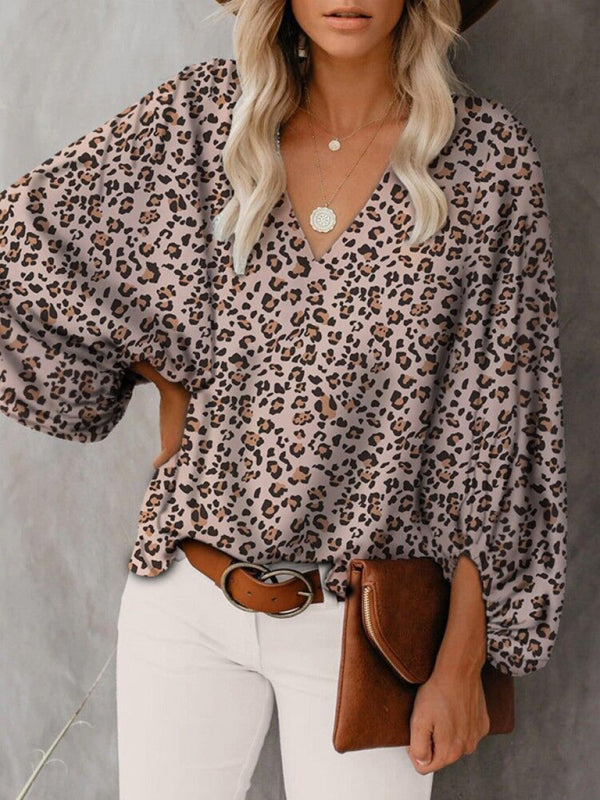 Blue Zone Planet | V-neck shirt printed lantern sleeve top clothing BLUE ZONE PLANET