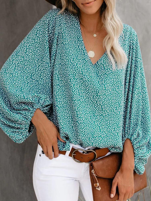 Blue Zone Planet | V-neck shirt printed lantern sleeve top clothing BLUE ZONE PLANET