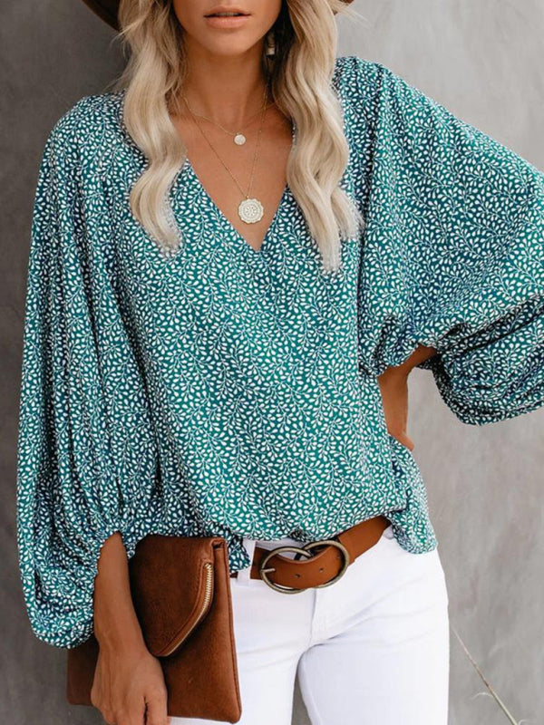 Blue Zone Planet | V-neck shirt printed lantern sleeve top clothing BLUE ZONE PLANET