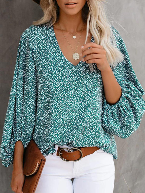 Blue Zone Planet | V-neck shirt printed lantern sleeve top clothing BLUE ZONE PLANET