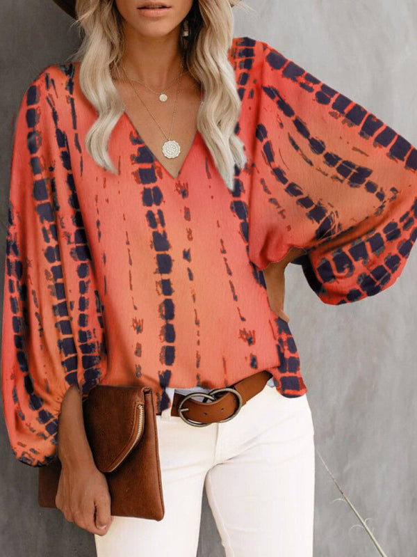 Blue Zone Planet | V-neck shirt printed lantern sleeve top clothing BLUE ZONE PLANET