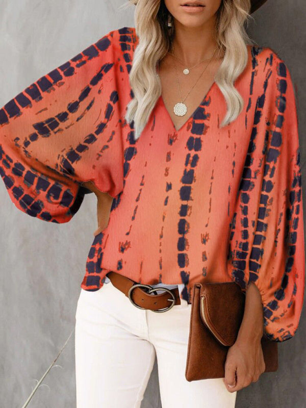 Blue Zone Planet | V-neck shirt printed lantern sleeve top clothing BLUE ZONE PLANET