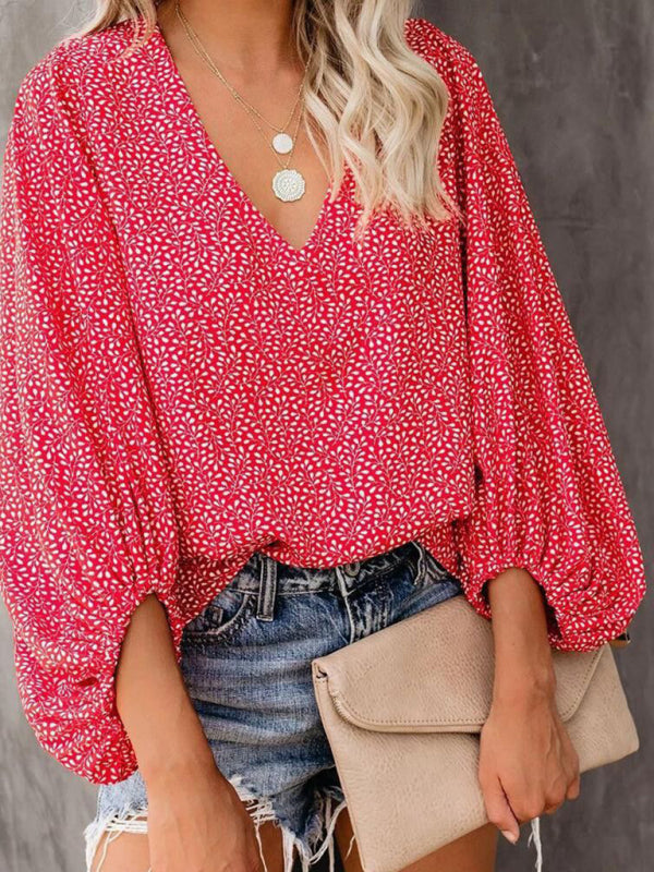 Blue Zone Planet | V-neck shirt printed lantern sleeve top clothing BLUE ZONE PLANET