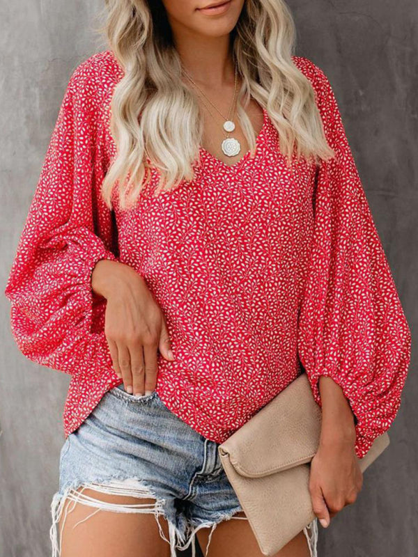 Blue Zone Planet | V-neck shirt printed lantern sleeve top clothing BLUE ZONE PLANET