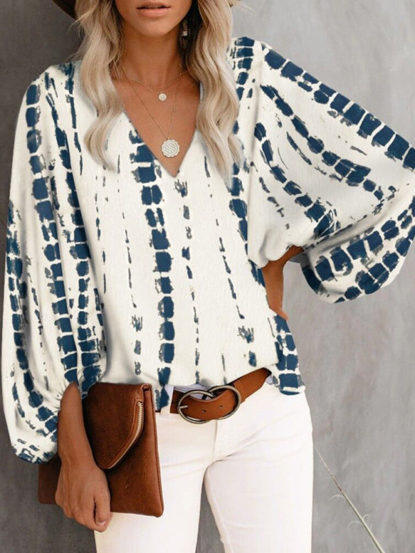 Blue Zone Planet | V-neck shirt printed lantern sleeve top clothing BLUE ZONE PLANET