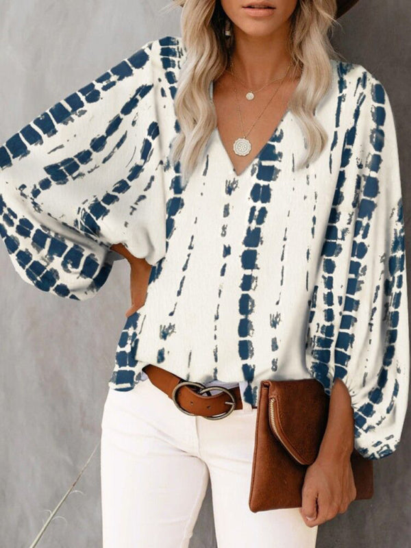 Blue Zone Planet | V-neck shirt printed lantern sleeve top clothing BLUE ZONE PLANET