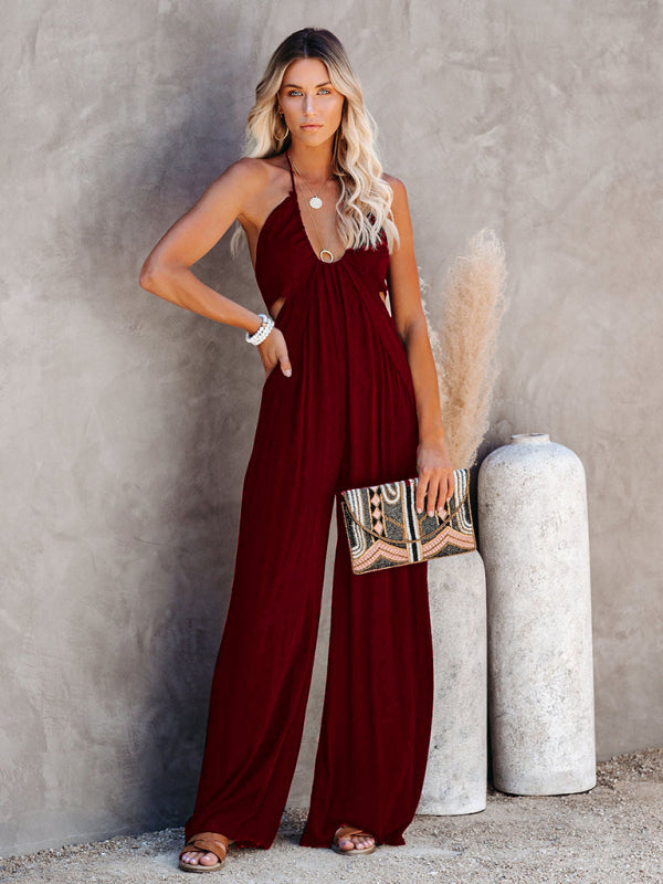 Blue Zone Planet | Midsummer street trendy ladies solid color U-neck spaghetti straps backless jumpsuit wide-leg pants kakaclo