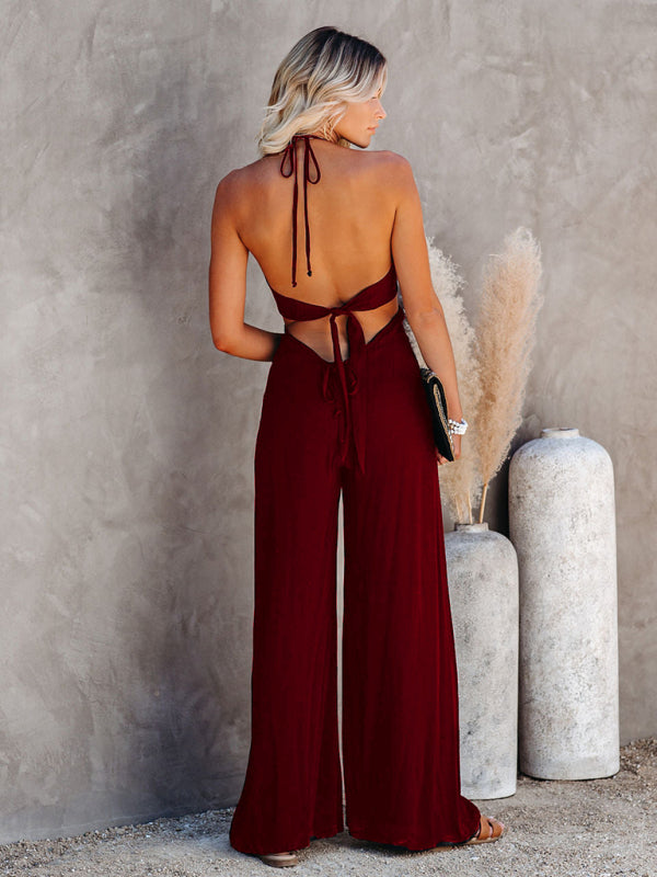 Blue Zone Planet | Midsummer street trendy ladies solid color U-neck spaghetti straps backless jumpsuit wide-leg pants kakaclo