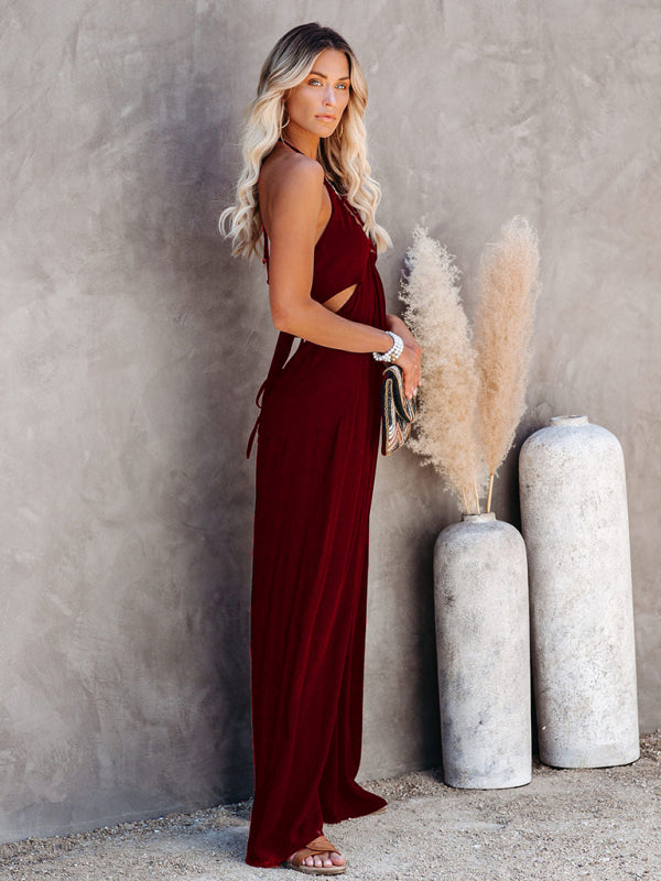 Blue Zone Planet | Midsummer street trendy ladies solid color U-neck spaghetti straps backless jumpsuit wide-leg pants kakaclo
