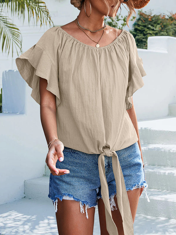 woven ruffled tie round neck one-shoulder top BLUE ZONE PLANET