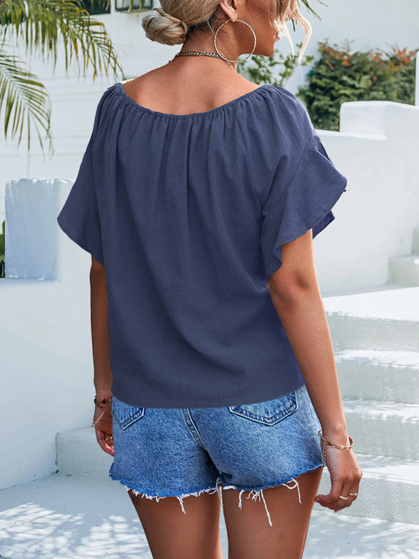 woven ruffled tie round neck one-shoulder top BLUE ZONE PLANET