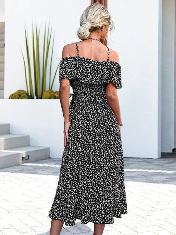 woven one-shoulder floral sling irregular mid-length dress kakaclo
