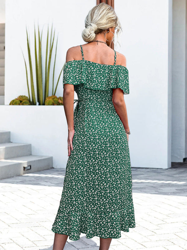 woven one-shoulder floral sling irregular mid-length dress kakaclo