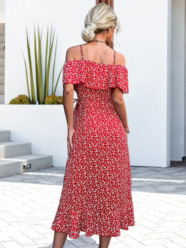 woven one-shoulder floral sling irregular mid-length dress kakaclo