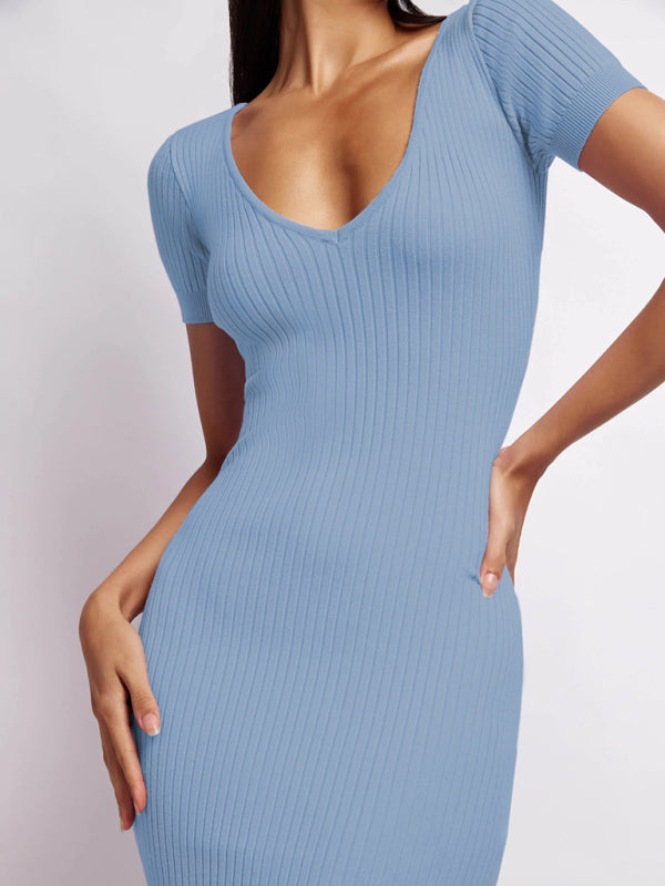 Blue Zone Planet | Women's knitted V-neck tight-fitting slit short-sleeved mid-length dress kakaclo