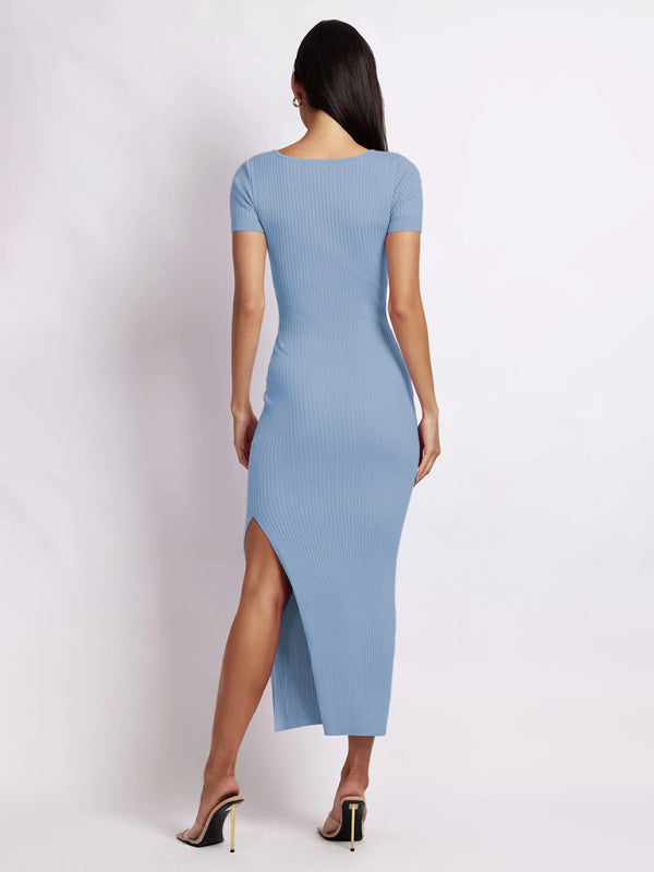 Blue Zone Planet | Women's knitted V-neck tight-fitting slit short-sleeved mid-length dress kakaclo