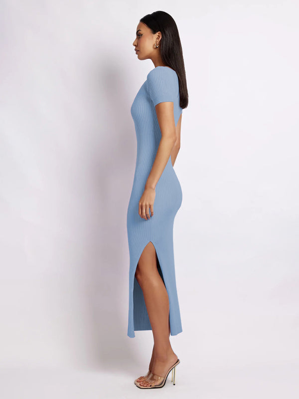 Blue Zone Planet | Women's knitted V-neck tight-fitting slit short-sleeved mid-length dress kakaclo