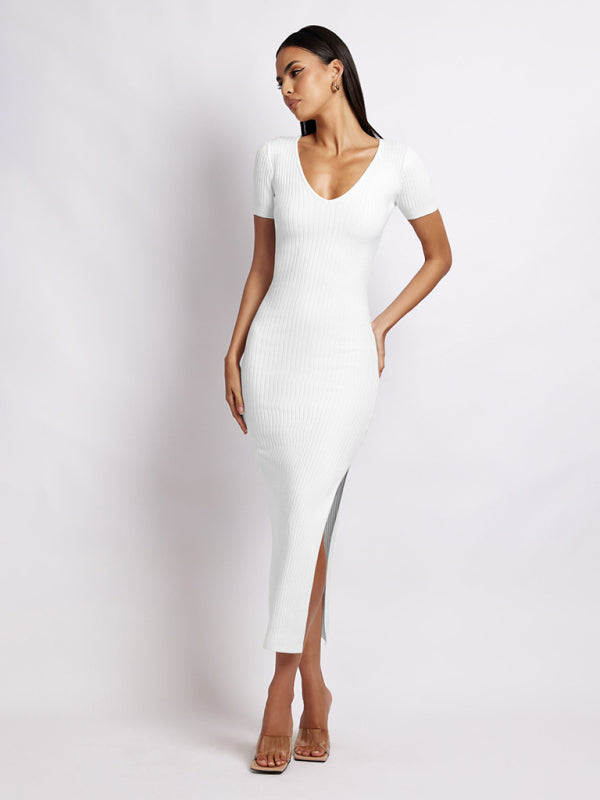 Blue Zone Planet | Women's knitted V-neck tight-fitting slit short-sleeved mid-length dress kakaclo