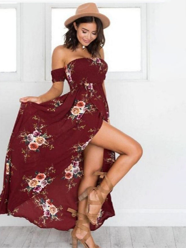 Blue Zone Planet | printed one-shoulder strapless chiffon printed slit dress BLUE ZONE PLANET