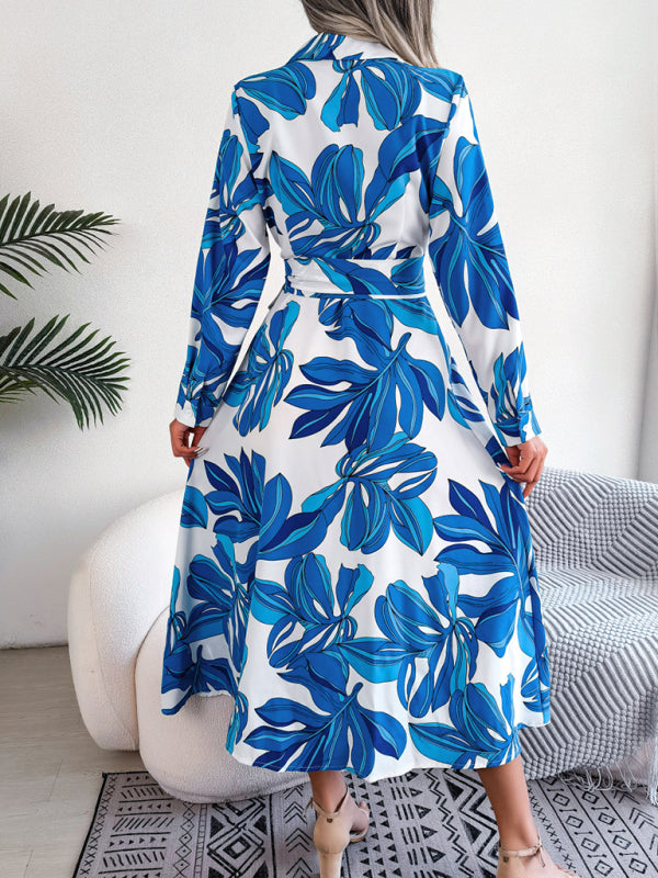 Blue Zone Planet | Floral Print Lapel Tie Shirt Dress BLUE ZONE PLANET