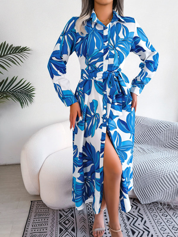 Blue Zone Planet | Floral Print Lapel Tie Shirt Dress BLUE ZONE PLANET