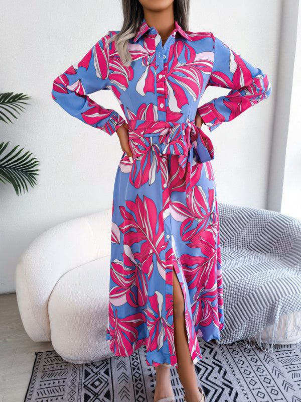 Blue Zone Planet | Floral Print Lapel Tie Shirt Dress BLUE ZONE PLANET