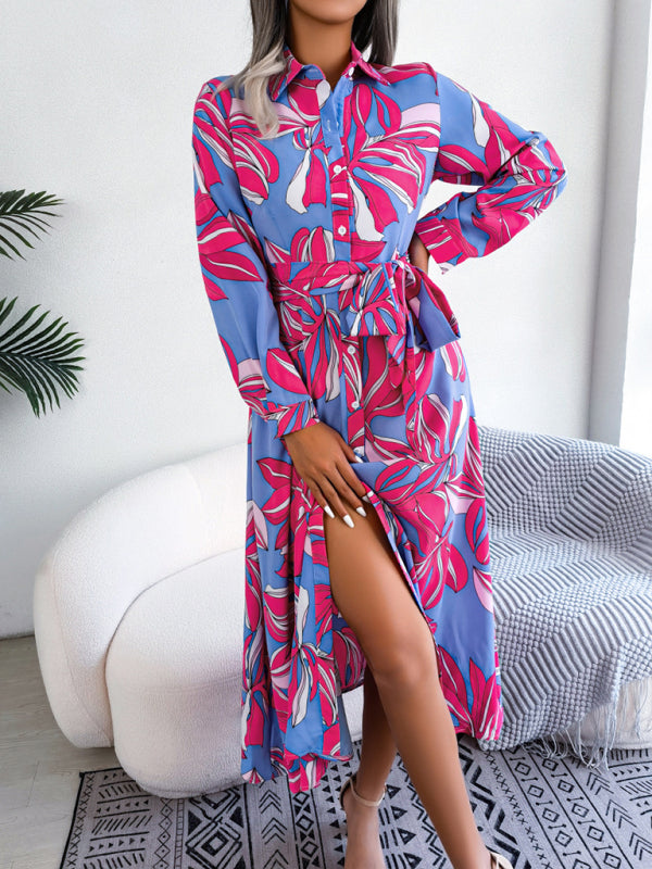 Blue Zone Planet | Floral Print Lapel Tie Shirt Dress BLUE ZONE PLANET