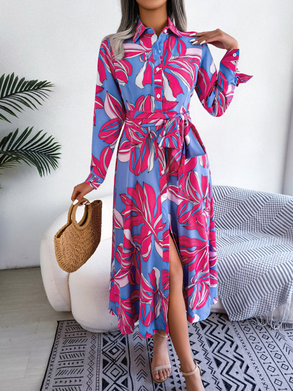 Blue Zone Planet | Floral Print Lapel Tie Shirt Dress BLUE ZONE PLANET