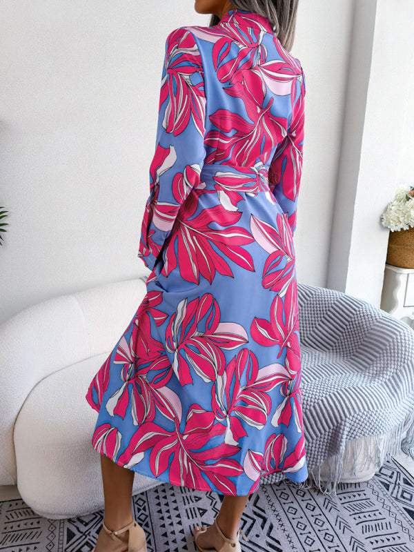 Blue Zone Planet | Floral Print Lapel Tie Shirt Dress BLUE ZONE PLANET