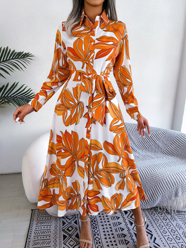 Blue Zone Planet | Floral Print Lapel Tie Shirt Dress BLUE ZONE PLANET