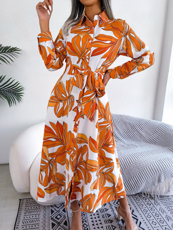 Blue Zone Planet | Floral Print Lapel Tie Shirt Dress BLUE ZONE PLANET