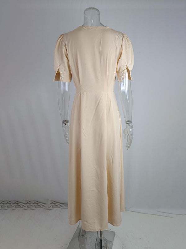 Solid Color Solid Color Single Breasted Slit Mid Length Dress kakaclo
